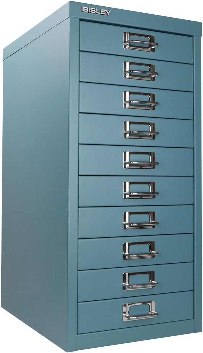 Bisley 10-Drawer Steel MultiDrawer Cabinet - Doulton Blue, Chrome Pull Handles with Label Holders, Powder-Coated Steel, Removable Drawers, Fits Under Most Desks, Labels Included