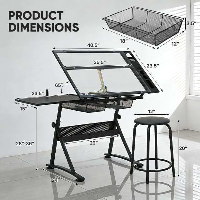 Magshion Professional Drafting Table for Teens w/Stool, Tilting GlassTabletop & Adjustable Height, Art Craft Desk Watercolor Paintings Sketching Work Station for Studio Home Office School (Clear)