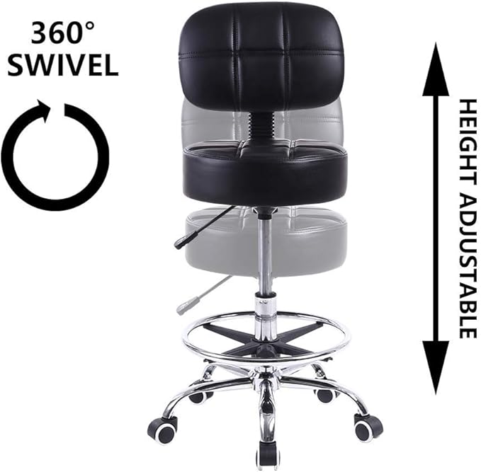 KKTONER Swivel Round Rolling Stool PU Leather with Adjustable Foot Rest Height Adjustable Task Work Drafting Chair with Back (Black)