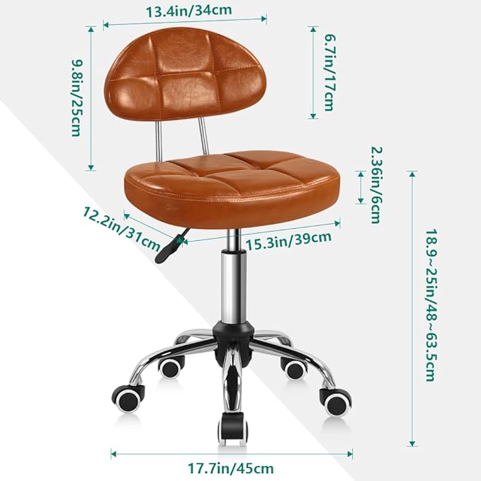 BFTOU Square Minimalist Swivel Stool with Wheel for Work SPA Shop Massage Height-Adjustable and Cost-Effective Rolling Stool Chair with Back (Orange-Brown)