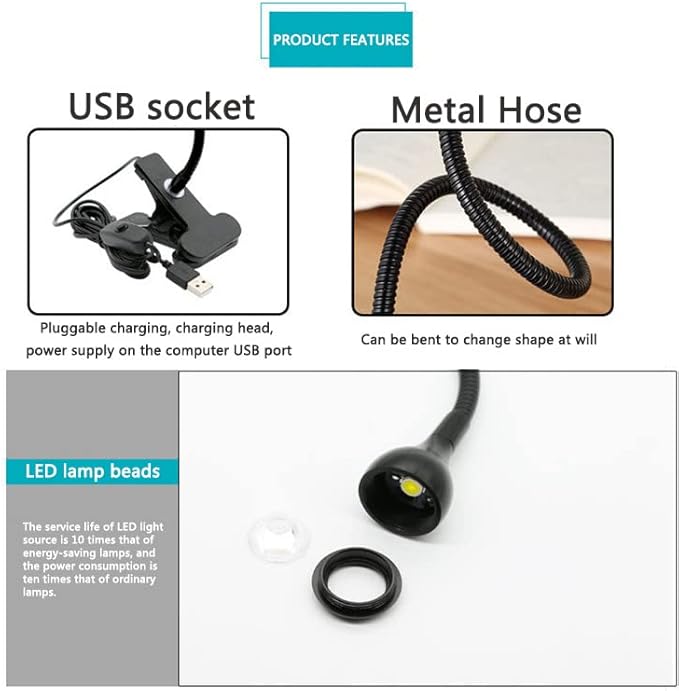 LED Desk Lamp Clip On Light,360°Flexible Gooseneck and Clamp Reading Light,Portable USB Powered Task Light with Clamp,Night Light Clip on for Desk, Bed Headboard and Computers Silver