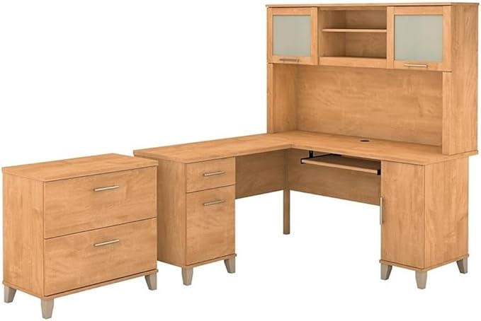 Pemberly Row 60W L Shaped Desk with Hutch and File Cabinet, Maple Cross Finish, Wood Construction, Frosted Glass Doors, Storage Drawers, Tapered Legs, Transitional Style Home Office Furniture Set