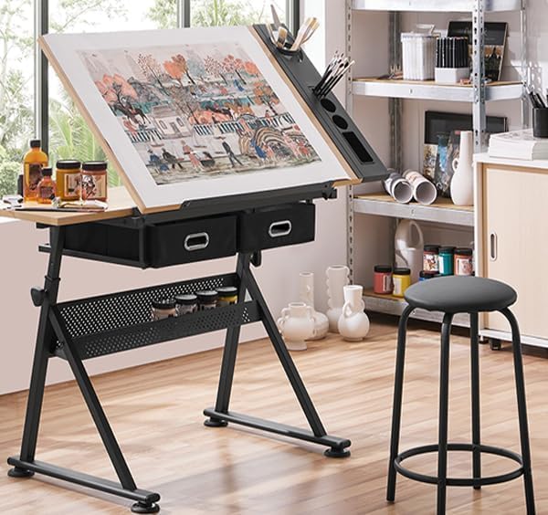 Height Adjustable Drafting Table, 0-75° Tilting Drawing Table Art Desk for Adults, Artist Desk with 2 Storage Drawers, Watercolor Paintings Sketching Workstation with Stool for Home Office