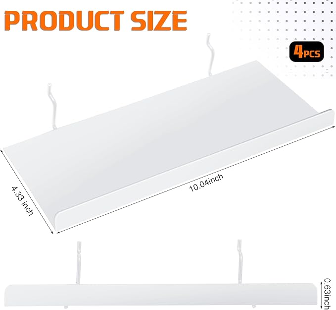 Beeveer 4 Pcs Pegboard Shelves Wall Organizer Brackets Pegboard Steel Tray Accessories Organizing Tools for Craft Garage Nursery Workbench Kitchen(10.04 x 4.33 Inch,White)