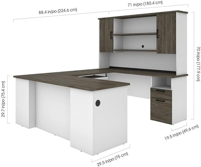 Atlin Designs Transitional U Shaped Computer Desk with Hutch, Laminated Wood, Walnut Gray/White Finish, Ample Storage, Smooth Slides, Reversible Office Workstation, 71" W x 88.4" D x 70" H