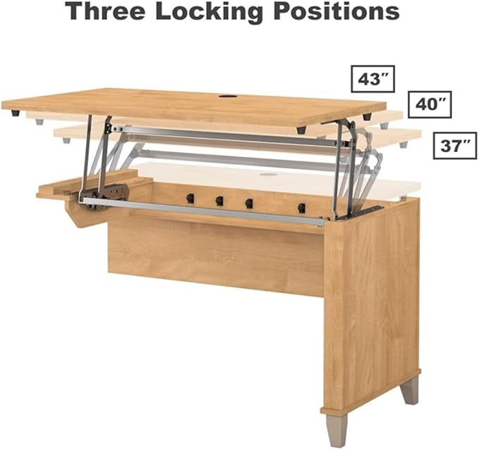 Scranton & Co Sit to Stand L-Shaped Desk, 72W Desk with Drawers, 42W Lift-n-Lock Return, Hutch with Frosted Glass Doors, 5-Shelf Bookcase, Maple Finish, Ergonomic Office Furniture Set