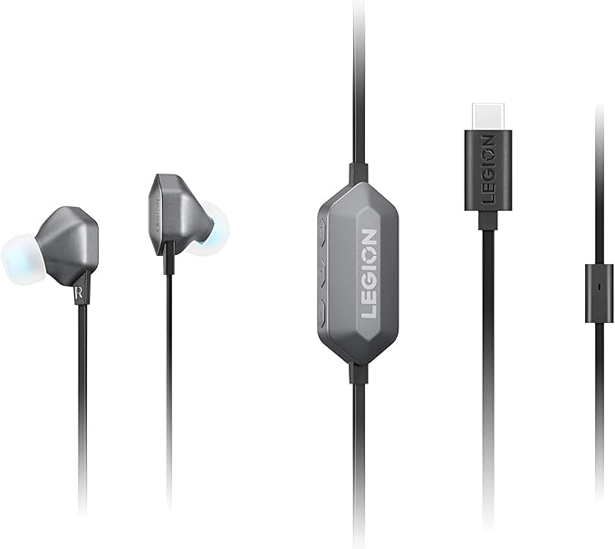 Lenovo Legion RGB Gaming in-Ear Headphones with USB-C E510-7.1 Surround Sound, Hi-Res Audio, in-Line Controller with RGB Lights - Compatible with PC, Tablet, Phone