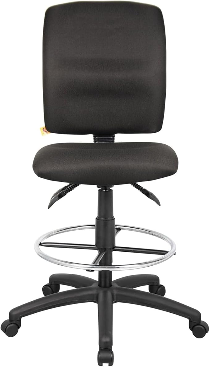 Black Fabric Drafting Stool Adjustable Height Swivel Pneumatic Gas Lift Chrome Footring Nylon Base Rolling Casters High Back Seat Compact Studio Task Seating Professional Workspace Stool