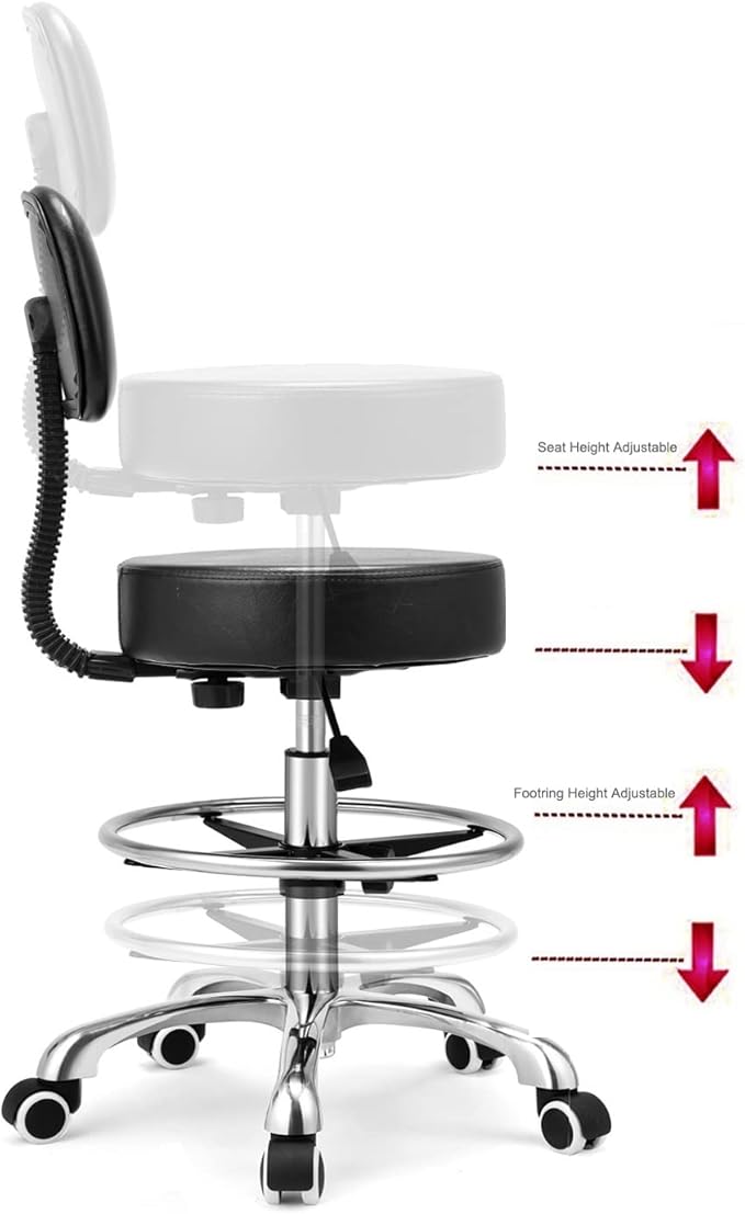 Kaleurrier Rolling Swivel Adjustable Heavy Duty Drafting Stool Chair for Salon Medical Kitchen Lab Clinic Dental Office and Home uses,with Wheels and Back Support (Black with Footrest)
