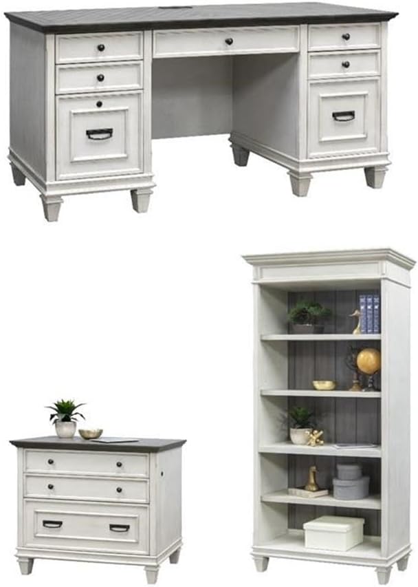 BOWERY HILL Set of 3 Credenza Office Desk & Open Bookcase & File Cabinet - White