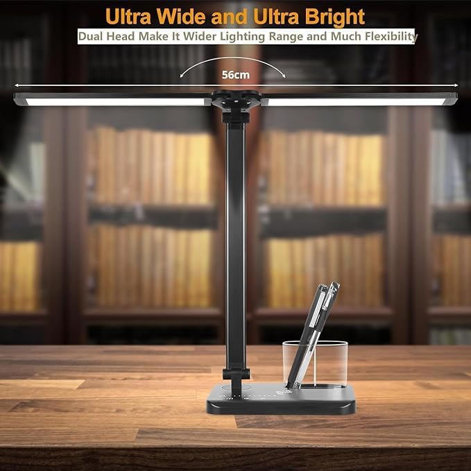 Woputne LED Desk Lamp with Dual Heads – 5 Colour Modes & 10 Brightness Levels, Adjustable Reading Light for Home Office, Bedroom, Study, and Craft (Black, Includes Adapter)