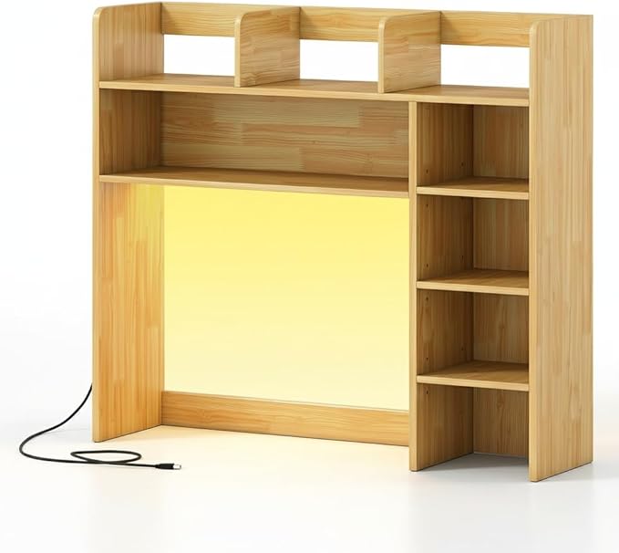 Tangkula Desktop Bookshelf with LED Lights, Desk Hutch with 8 Shelves for Max 25" Monitor, Desktop 5-Tier Display Rack, Wood Desktop Storage Hutch Organizer for Dorm Office Home, Burlywood