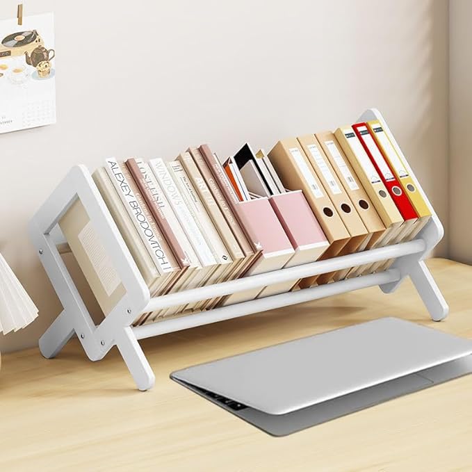 Wood Tilting Bookcase in Living Room/Home/Office, Desktop Book Shelf Organizer Bookshelves Storage Rack for CDs/Magazine/Books Display (White, 16"-L)