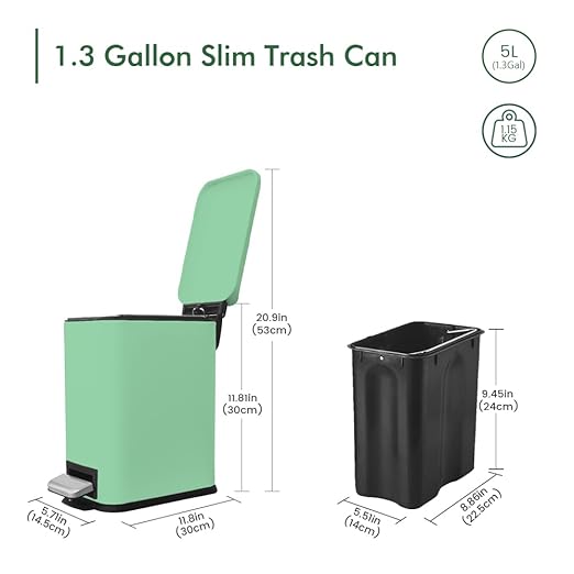 Small Bathroom Trash Can with Lid, Trash Can with Removable Liner, Soft Close lid & Step Pedal, Stainless Steel Trash Bin for Bathroom,Bedroom,Home Office (Green, 1.3 Gallon)