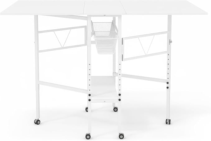 Sew Ready Folding Sewing Craft Table with Storage, Adjustable Height Cutting Desk with Drawers and Wheels for Quilting, Fabric, and Hobby Room, White