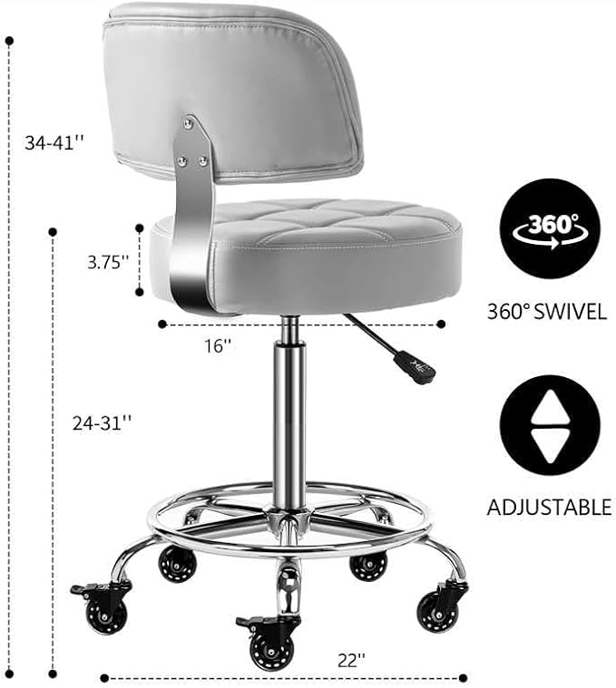 Lockable Stool with Back and Foot Rest Ergonomic Rolling Hydraulic Adjustable Stool for Doctor Esthetician Artist Home Small Office Desk (Grey, 24''-31'')