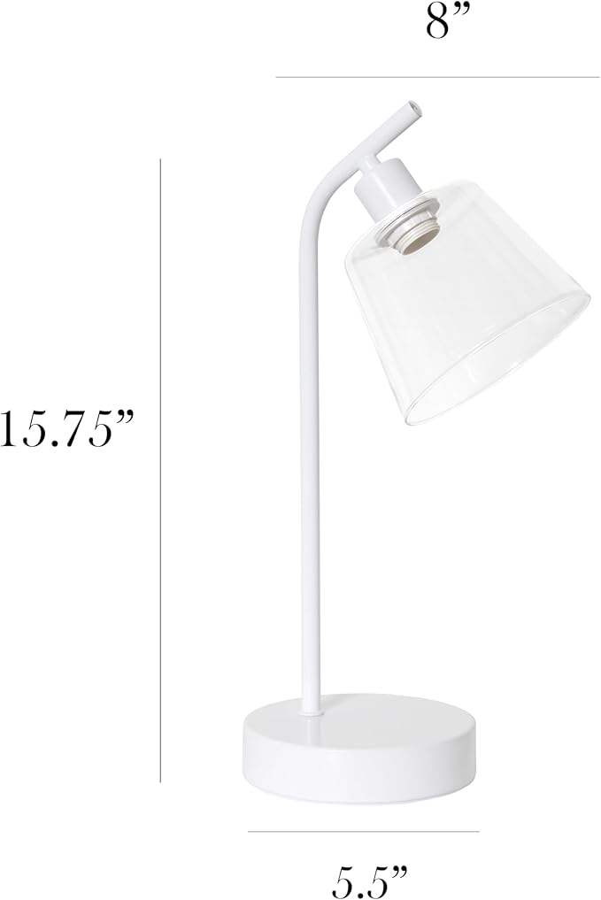Simple Designs LD1080-WHT 16" Sleek Essentials Modern Industrial Metal Desk Lamp with Clear Glass Shade, for Office, Desk, Nightstand, Dorm, White