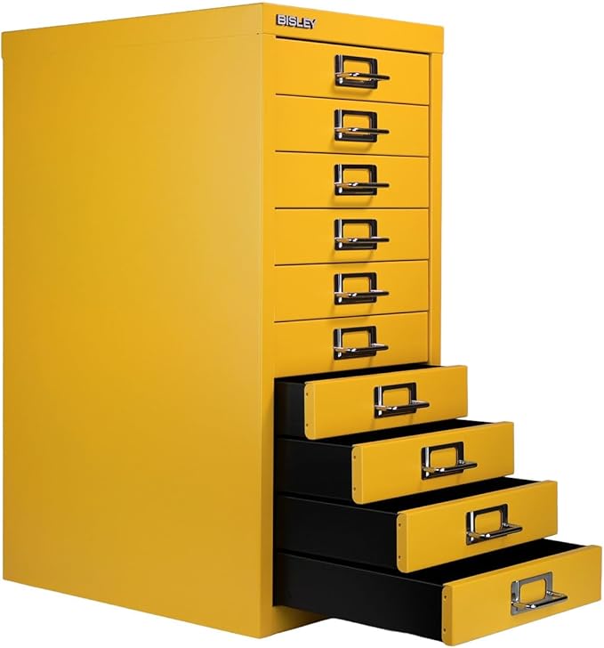 Bisley 10-Drawer Steel MultiDrawer Cabinet - Golden Sunflower Yellow, Chrome Pull Handles with Label Holders, Powder-Coated Steel, Removable Drawers, Fits Under Most Desks, Labels Included