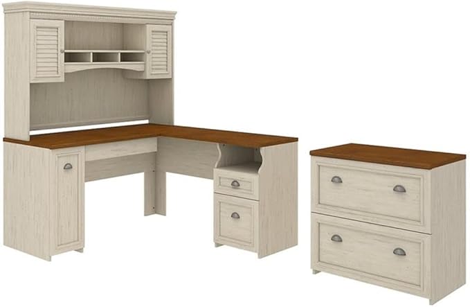 Pemberly Row L Shaped Desk with Hutch and File Cabinet, Antique White and Tea Maple Finish, Engineered Wood, 60W x 60D Space Saving Design, Farmhouse Style Home Office Furniture with Storage