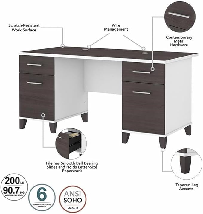 Pemberly Row 60W Engineered Wood Office Desk Set, Gray Finish, Includes Desk, Lateral File Cabinet, 5 Shelf Bookcase, Cable Management, Adjustable Shelves, Home Office Furniture for Organization