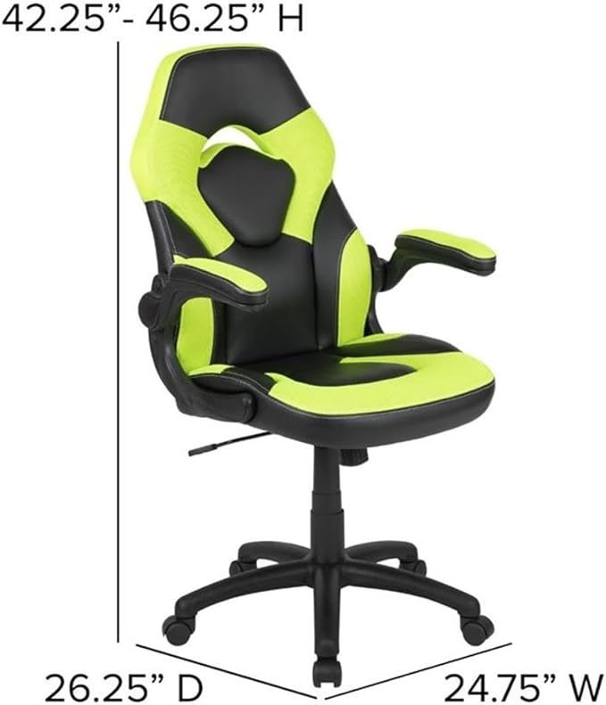 BOWERY HILL 2 Piece Gaming Desk Set with Chair, Black Laminate Desk Top, Green Mesh Inserts, Monitor Stand, Cup Holder, Headset Hook, Ergonomic Chair, Tilt Lock, Contemporary Design for Gamers