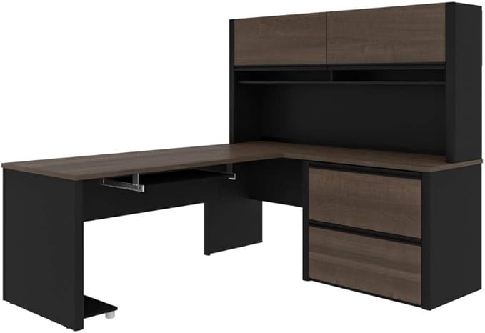 Bestar Connexion 72W L-Shaped Desk with Hutch and Lateral File Cabinet in Antigua & Black