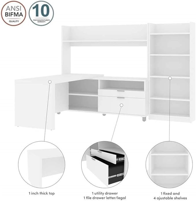 Scranton & Co L-Shaped Home Office Desk with Bookcase, White Finish, Corner Workspace and Storage Solution, Spacious Desktop, Integrated Shelving, Versatile Design for Office, Study, or Bedroom