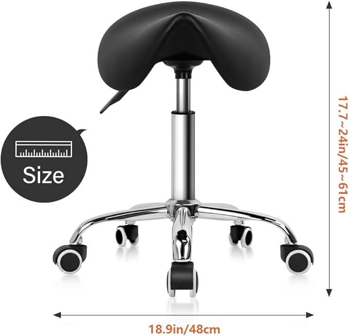 KKTONER Rolling Saddle Stool PU Leather Swivel Adjustable Rolling Stool with Wheels Salon Chair Black