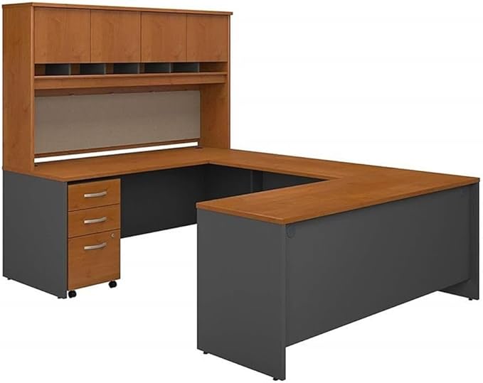 Pemberly Row U-Desk with Hutch and Storage, Natural Cherry Finish, Engineered Wood, Wraparound Design with Brushed Nickel Hardware, Multiple Shelves and File Cabinet, Ideal for Office Workspace Use