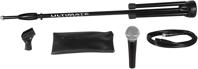 Shure SM58-CN BTS Dynamic Vocal Microphone Bundle with Stand & XLR Cable, Cardioid Stage Mic for Live Performance, Singing, Speech & Studio Use, Black