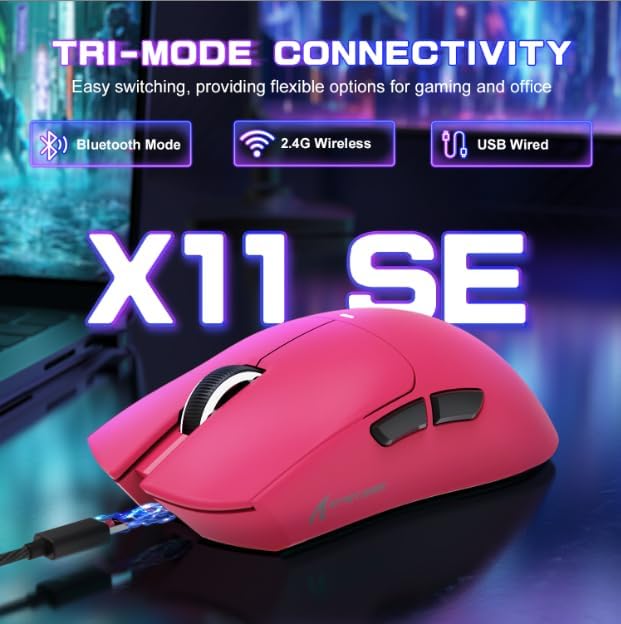 ATTACK SHARK X11SE Ultra-Light Wireless Gaming Mouse,Tri-Modes BT5.2/Type-C Wired/2.4G,PixArt PAW3311 Gaming Sensor,22KDPI,5 Programmable Buttons for Laptop,PC,Mac Gamer(Berry Red)