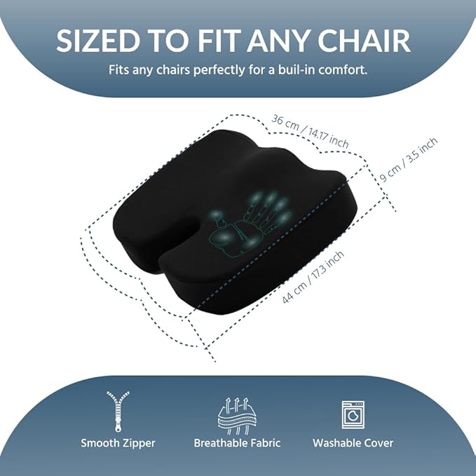 Memory Foam Seat for Cushion Chair and Armchairs, Posture Support, Breathable and Soft, Car Seat, Comfort, Lumbar Support, Back Pain Relief, Orthopedic,Tailbone Pain, Black, 17x14x4 inch