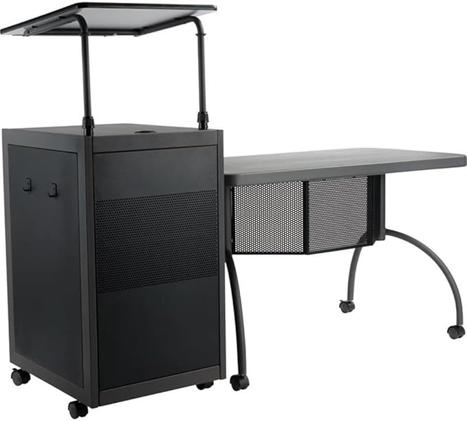 Pemberly Row Metal Teacher's WorkPod Desk and Lectern Kit, 41"H x 68"W x 24"D, Charcoal Finish, Adjustable Height, Locking Storage Cabinet, Mobile Casters, Stylish Office Furniture for Educational Use