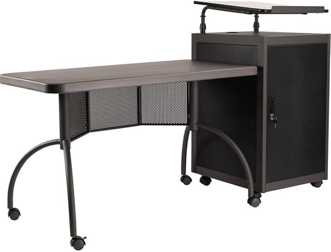 Pemberly Row Metal Teacher's WorkPod Desk and Lectern Kit, 41"H x 68"W x 24"D, Charcoal Finish, Adjustable Height, Locking Storage Cabinet, Mobile Casters, Stylish Office Furniture for Educational Use
