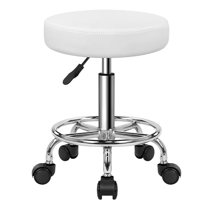 KKTONER PU Leather Round Rolling Stool with Foot Rest Swivel Height Adjustable Stool Spa Drafting Salon Tattoo Work Office Massage Task Chair White Small (White)