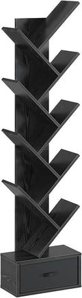 Rolanstar Bookshelf with Drawer,9 Shelf Tree Bookshelf,Retro Bookcase,Wooden Storage Rack for CDs/Movies/Books, Utility Organizer Shelves for Bedroom, Living Room, Home Office
