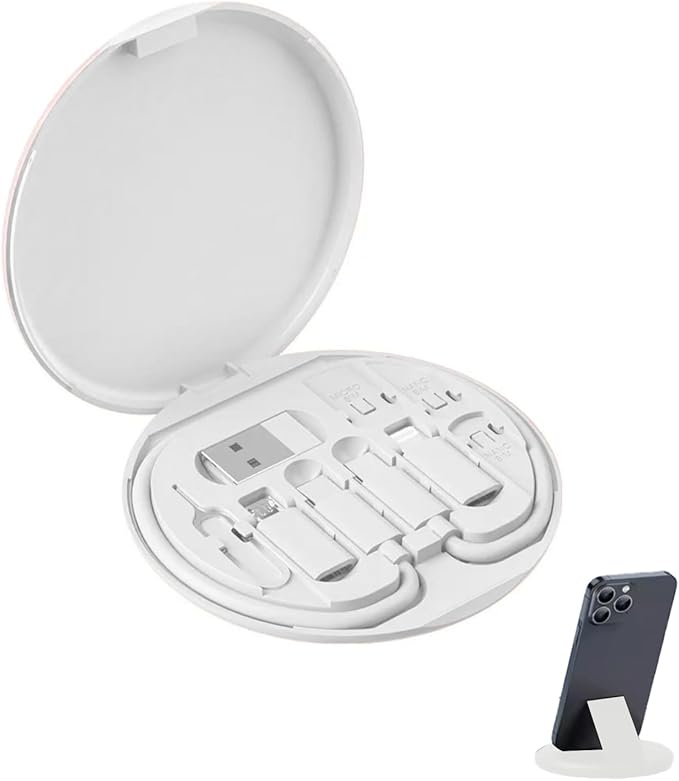 9 in 1 Cable Case USB Adapter Cable Conversion Storage Box USB Type C to Micro USB/Lightning/USB A Cable Data Transfer Tool Contains Sim Card Slot Tray Eject Pin Use as Phone Holder (White)