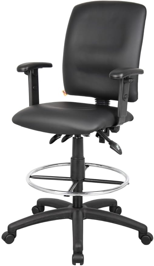 Pemberly Row Multi-Function Leather Drafting Stool, Adjustable Arms, Black Upholstery, Chrome Footring, Hooded Casters, 48" H x 27" W x 35.5" D, Ergonomic Office Chair for Workspace or Studio Use