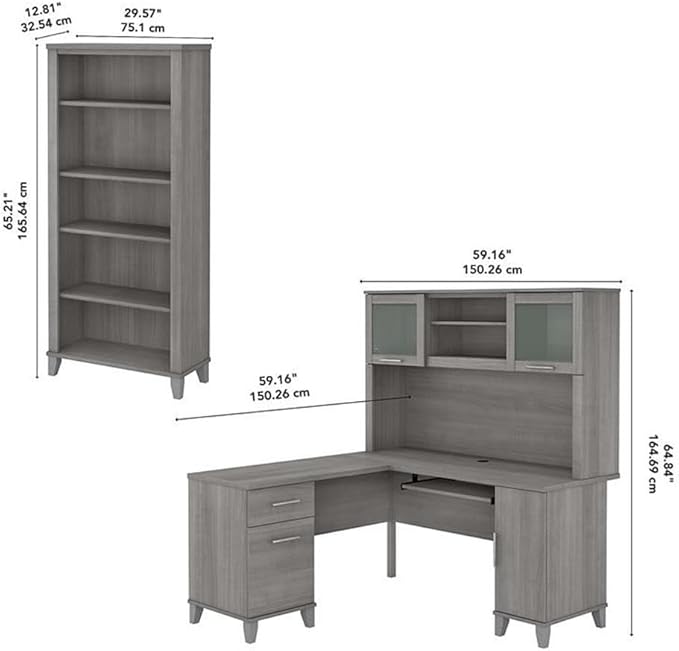 Pemberly Row 60W L Shaped Desk with Hutch and 5 Shelf Bookcase, Gray Finish, Engineered Wood, Wire Management, Pull-Out Tray, Storage Drawers, Frosted Glass Doors, Home Office Furniture Set