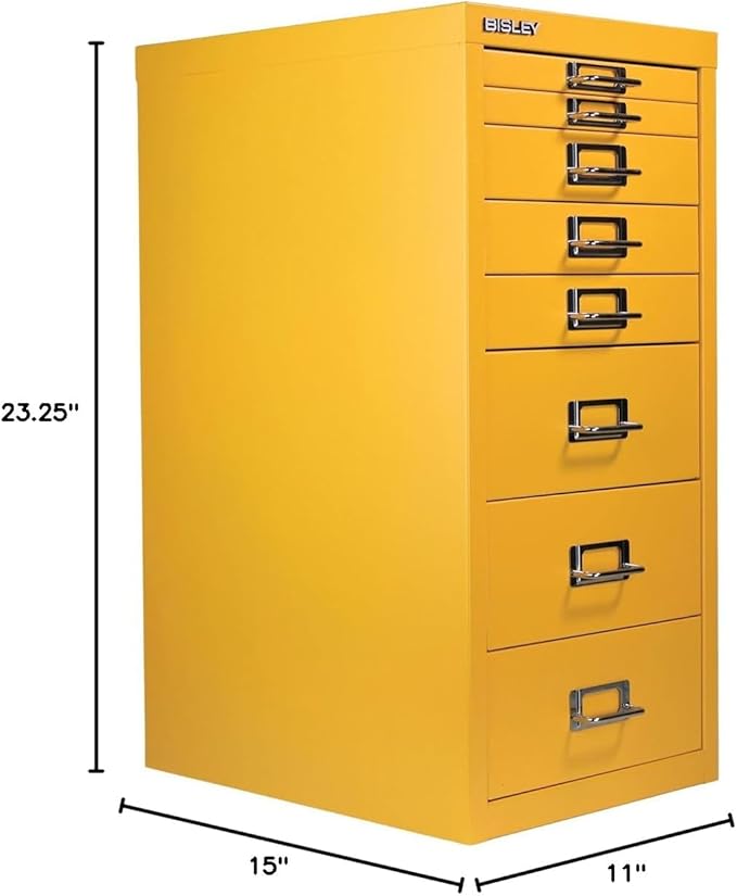 Bisley 8-Drawer Steel MultiDrawer Cabinet - Golden Sunflower Yellow, Chrome Pull Handles with Label Holders, Powder-Coated Steel, Removable Drawers, Fits Under Most Desks, Labels Included