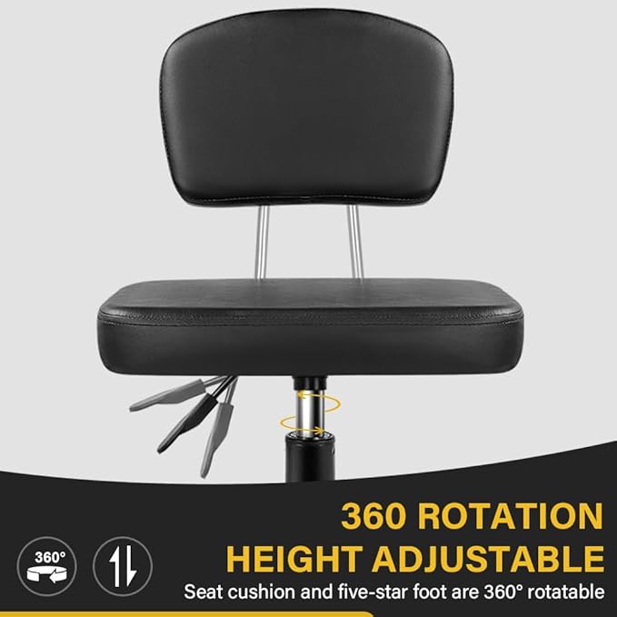 WKWKER Rolling Stool Chair with Backrest Height Adjustable 360° Swivel Stool with Wheels Square Seat PU Leather Rolling Stool for Bedroom Counter Shop Salon Massage Home Office Drafting Work (Black)