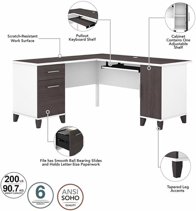 Pemberly Row 60W L Shaped Desk with Hutch and 5 Shelf Bookcase, Engineered Wood Construction, Gray Finish, Wire Management, Frosted Glass Doors, Home Office Furniture Set for Small Office Use