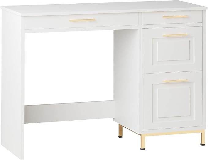 4 EVER WINNER White Desk with Drawers, 44 Inch Computer Desk with Storage and Golden Handle, Writing Desk Sturdy Table for Home Office, White and Gold Desk