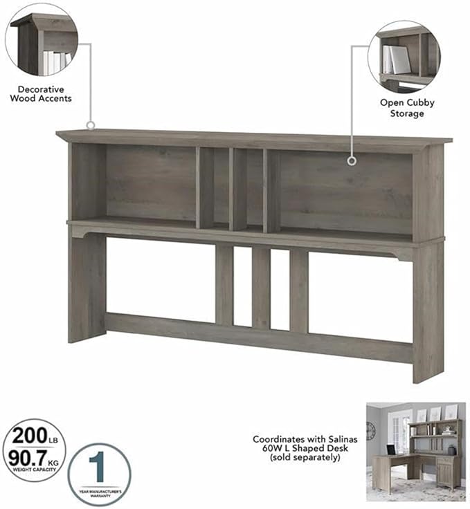 Pemberly Row 60W Hutch for L Shaped Desk, Driftwood Gray Finish, Engineered Wood, Open Cubby Storage, Modern Farmhouse Style Workspace Organizer, Fits Large Monitors or Dual Monitors