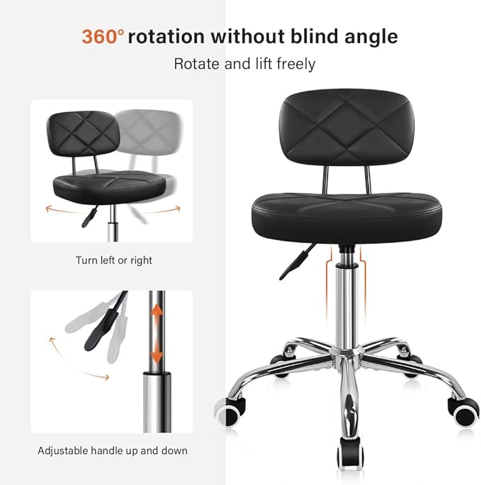 KKTONER Office Chair with Back Office Stool with Wheels Height Adjustable Square stools for Drafting Home Work (Black)