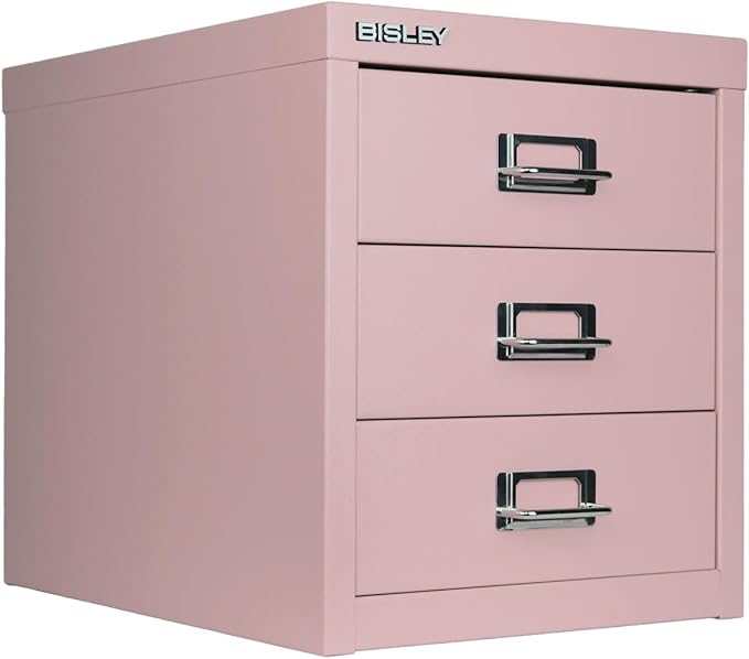 Bisley 3-Drawer Steel MultiDrawer Cabinet - Palest Pink, Chrome Pull Handles with Label Holders, Powder-Coated Steel, Removable Drawers, Desktop Storage, Labels Included