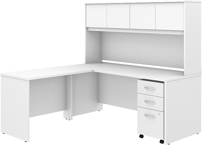 Studio C 72W x 30D L Shaped Desk with Hutch, Mobile File Cabinet and 42W Return in White