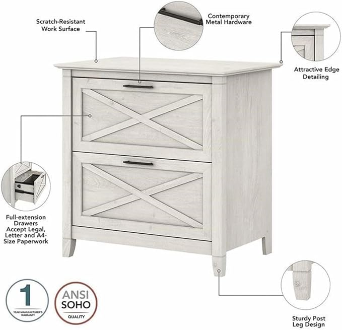 Bush Furniture Key West 48W Writing Desk with 2 Drawer Lateral File Cabinet and 5 Shelf Bookcase in Linen White Oak