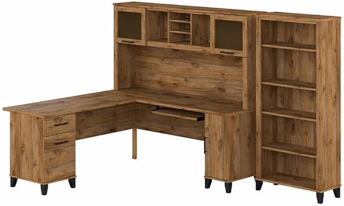 Bush Furniture Somerset 72W L Shaped Desk with Hutch and 5 Shelf Bookcase in Fresh Walnut