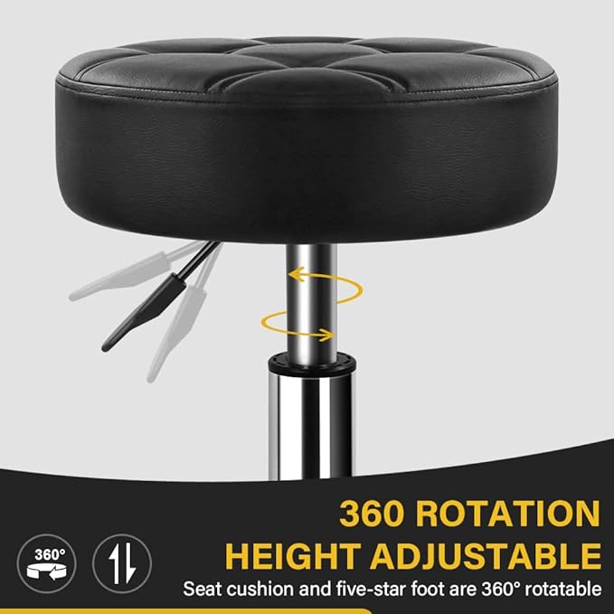 WKWKER Heavy Duty Rolling Stool with Wheels Hydraulic Lift 360 Swivel Adjustable Rolling Chair Thick Leather Ergonomic Seat Stool Chair for Kitchen Drafting Lab Office Salon Massage Black